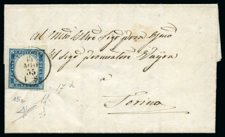 Stamp of Italian States » Sardinia 1855-62 20c Cobalt-green tied by CUNEO 14 AGO 1855