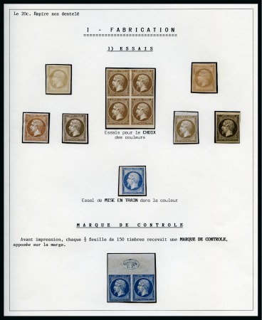 Stamp of France Sur 3 pages d'exposition, 11 essais dont un bloc de 4, une exceptionnelle paire neuve avec marque "Contrôle TP" sur bord de feuille, etc.