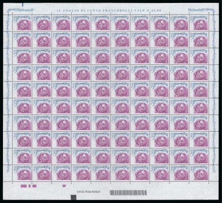 Stamp of Italy 2003 La Donna dell'arte, 0,45€ with error face value omitted in mint nh complete sheet of 100