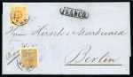 1872 Wrapper from Stockholm to Germany with 1871-78 24ö orange, perf. 14, and Lion-type 3ö brown tied by STOCKHOLM 30/8 1872 cds