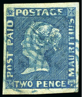 Stamp of Mauritius » 1848-59 Post Paid Issue » Early Impressions (SG 6-9) 1848-59 Post Paid 2d blue, early impression, large margins, used with multiple blue target cancels