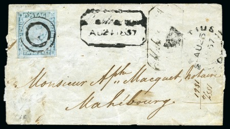 Stamp of Mauritius » 1848-59 Post Paid Issue » Latest Impressions (SG 23-25) 1848-59 Post Paid 2d grey-blue, latest impression, with double circle target cancel on local cover to Mahebourg