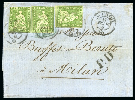 Stamp of Switzerland / Schweiz » Sitzende Helvetia Ungezähnt » 1857-62 Berner Druck, Dickes Papier 40Rp grün(3) entwertet ST-CROIX 17 FEV. 62 auf dreicfachgewichtigem