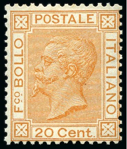 Stamp of Italy 1877 20c Orange mint, fine and fresh, possibly unmounted,