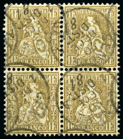 Stamp of Switzerland / Schweiz » Sitzende Helvetia Gezaehnt » Briefmarken 1881 Faserpapier 1Fr. golden, im Viererblock, klar gestempelt GENEVE
