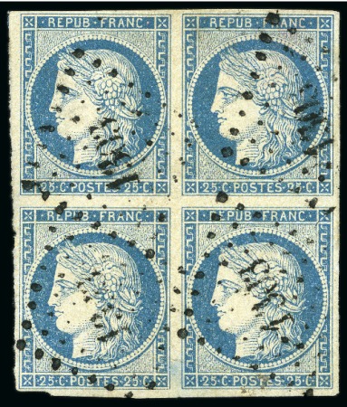 Stamp of France 1850, n° 4 en bloc de 4 oblitéré et signé.Rare.