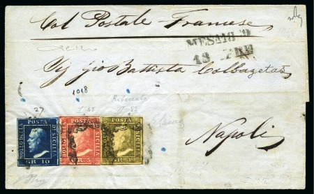 Stamp of Italian States » Sicily 1859 1Gr Greyish-olive, plate II, retouched, plus the scarce 5Gr rose-carmine, plate I, and 10Gr Blue on folded cover from Messina to Naples