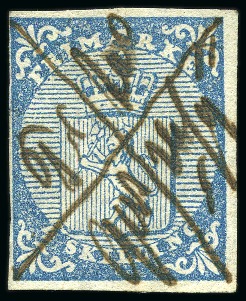 Stamp of Norway 1855 4sk Blue, clear to good margins, with manuscript cancel "Pr.Gustav 26/9" and cross