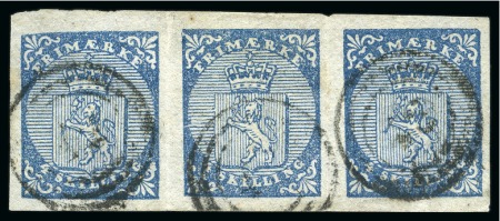 1855 4sk Blue in vertical strip of three, large margins, cancelled by three numeral target cancels