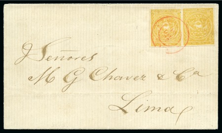 Stamp of Ecuador 1865 1r Yellow, 1st printing, pair tied red GUAYAQUIL / FRANCA 19 DIC 72 cds on folded cover to Lima