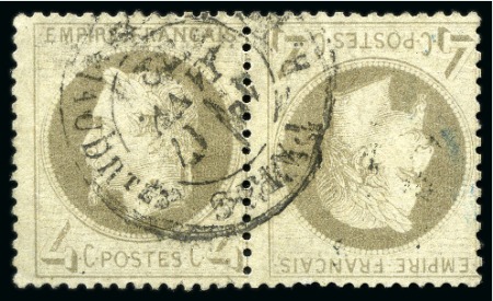 Stamp of France 4c Lauré en paire TETE-BECHE obl. càd Paris 17.01.1872,