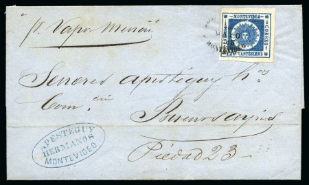 Stamp of Uruguay 1860-62 Thick Numerals 120C blue tied by oval MONTEVIDEO