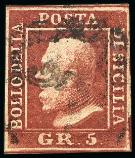 Stamp of Italian States » Sicily 1859 5Gr. Vermilion, large margins all around, lightly used