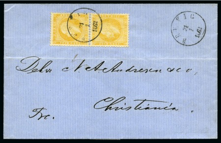 1856-57 2sk Yellow, vertical pair tied by BREVIG 21/7 1862 cds on folded cover to Christiania