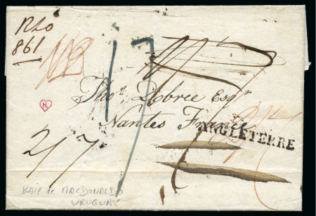 Stamp of Uruguay 1823 Folded entire from Maldonado Bay (near Punta del Este) to France, forwarding agent marking on reverse