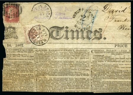 Stamp of Austria 1858-59 Newspaper 2Kr red-brown tied by REICHENBERG 17/12 cds on part of insufficiently paid "Times" newspaper bearing GB 1d red