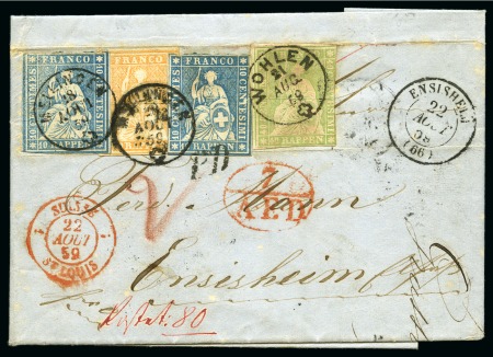 Stamp of Switzerland / Schweiz » Sitzende Helvetia Ungezähnt » 1856-57 Berner Druck (II) Dreifarbenfrankatur ins Elsass adressiert, zuerst mit