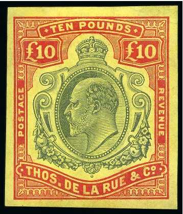 Stamp of Nyasaland » Nyasaland Protectorate 1908 KEVII £10 De La Rue imperforate colour trial in red and green on yellow paper