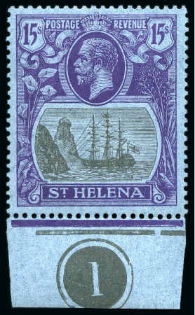 1922-37 Wmk Script CA 15s grey & purple on blue mint lh lower marginal with plate number