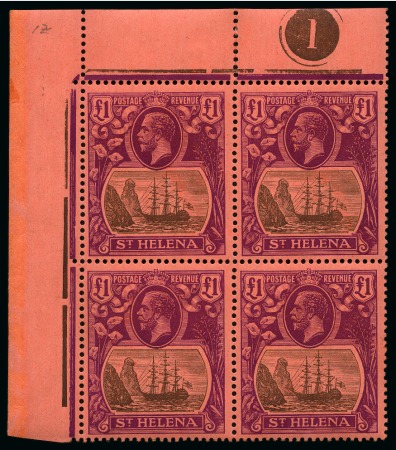 Stamp of St. Helena 1922-37 Wmk Multi CA £1 grey & purple on red in mint nh  top left corner plate number block of four
