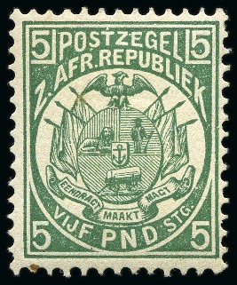 Stamp of South Africa » Transvaal 1885-93 £5 Deep Green mint lh, pos. R3/3