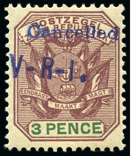 Stamp of South Africa » Transvaal WOLMARANSSTAD: 1900 3d Purple & Green with "Cancelled / V-R-I." type L3 handstamp in blue, mint large part og