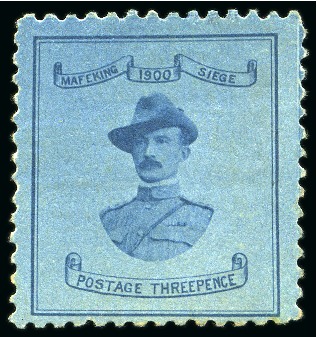 Stamp of South Africa » Mafeking 1900 Baden Powell 3d pale blue on blue horizontal laid paper (21mm wide), mint small part og