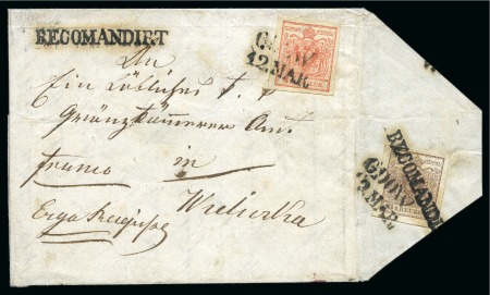 Stamp of Austria 1850 3Kr + 6Kr tied GDOW 12 MAR. 2-line cancel on registered folded cover to Wieliczka
