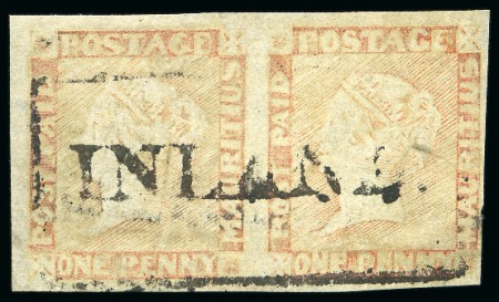 Stamp of Mauritius » 1848-59 Post Paid Issue » Worn Impressions (SG 16-22) 1848-59 Worn Impression 1d red pair with "INLAND" boxed cancel
