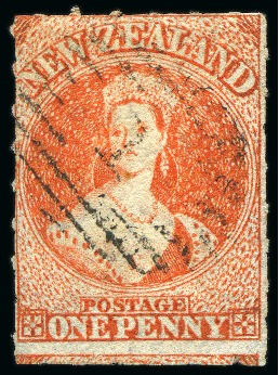 Stamp of New Zealand 1862-64 Wmk Large Star 1d orange-vermilion, rouletted 7, used, very fine