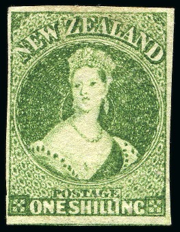 Stamp of New Zealand 1864 Wmk NZ 1s green with good to very large margins, mint part og, fine and scarce (SG £2'250)