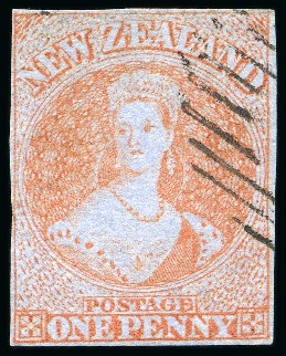 Stamp of New Zealand 1855-58 No Wmk 1d red on blued paper, very close to fine margins, neat barred numeral leaving profile clear
