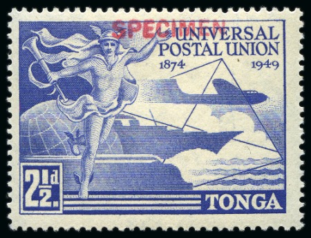 Stamp of Tonga 1949 UPU complete set of four with red SPECIMEN handstamps,