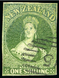 Stamp of New Zealand 1862-63 No Wmk 1s deep green on pelure paper with superb numeral "15" cancellation of Nelson