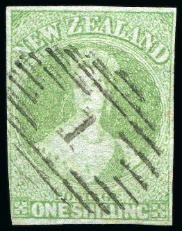Stamp of New Zealand 1855-58 No Wmk 1s green on blued paper, neatly cancelled with complete "1" of Auckland