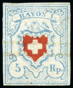 Stamp of Switzerland / Schweiz » Rayonmarken » Rayon I, hellblau, ohne KE (STEIN M) Type 28 M/O, gut gerandete Marke aber mit kl. Mängeln,
