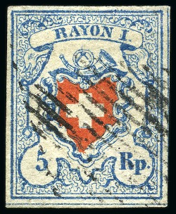 Stamp of Switzerland / Schweiz » Rayonmarken » Rayon I, hellblau, ohne KE (STEIN B1) Type 5 B1/RU, farbfrisch, gut bis sehr gut gerandet,
