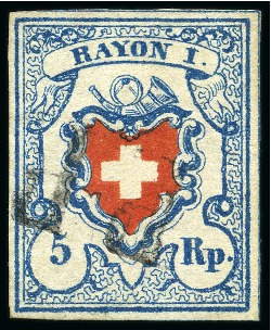 Stamp of Switzerland / Schweiz » Rayonmarken » Rayon I, hellblau, ohne KE (STEIN B1) Type 18 B1/LU, farbfrisch und ringsum sehr gut gerandet,