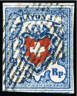 Stamp of Switzerland / Schweiz » Rayonmarken » Rayon I, hellblau, ohne KE (STEIN B2) Type 7 B2/RO, sehr farbintensiv und mit überrandigen