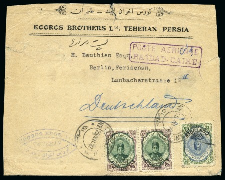 1922 Persian Commercial Flight: Cover from Tehran to Germany, franked Controle 12ch and 24ch pair