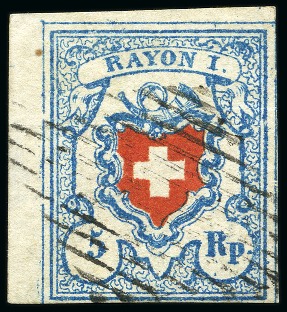 Stamp of Switzerland / Schweiz » Rayonmarken » Rayon I, hellblau, ohne KE (STEIN B3) Type 1 B3/LO, farbfrisch und breitrandig Eckrandstück,