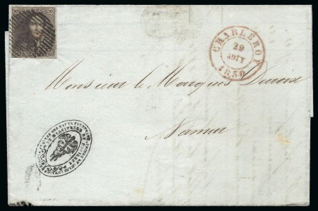 Stamp of Belgium » Belgique. 1849 Epaulettes - Émission 1849 Epaulettes 10c brun variété "traits diagonaux dans la marge supérieure" (V19) P25 sur lettre