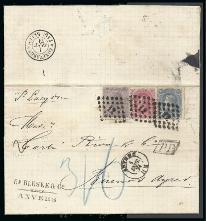 Stamp of Belgium » Belgique. Léopold 1er - Nouveau Type - Affranchissements mixtes, composés, etc. COB N°21+31+34 (1,60 frs) sur lettre Lpts 12 ANVERS/1/SEPT/1871