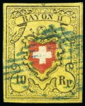 Stamp of Switzerland / Schweiz » Rayonmarken » Rayon II, gelb, ohne Kreuzeinfassung (STEIN E) Type 6 E/RO mit Abart: Fleck oben im Rand beim O von
