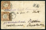 1872 25B Brown tied to envelope from Bucharest to Germany by Bucuresci thimble cds, redirected from Berlin to Charlottenburg and franked with two 1872 1/2g Small Eagles