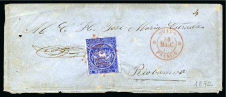 Stamp of Ecuador 1872 Envelope from Quito to Riobamba with 1865-72 1/2r deep blue, lost with manuscript note on reverse