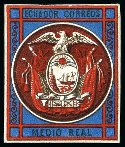 Stamp of Ecuador 1865 1/2r Lithographed essays (2), multi-coloured, showing differing designs and colours with several small differences (mainly in the frame designs) to the issue stamps