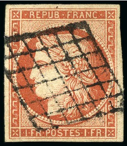Stamp of France Superbe 1F vermillon vif avec de belles marges oblitéré