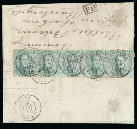 Stamp of Belgium » Belgique. 1863 Médaillons dentelés (COB 13-16) COB N°13B, 1c vert en bande 5 sur imprimé annulés