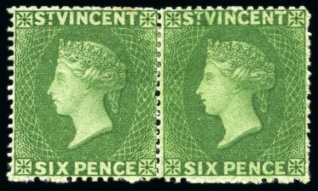 Stamp of St. Vincent 1861 No Wmk 6d deep yellow-green intermediate perf.14-16 mint og pair
